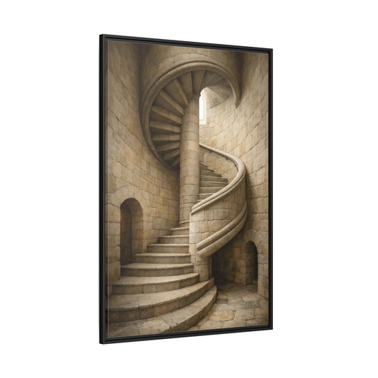Main Mockup. Vintage Spiral Staircase Tan Stone shown as stretched canvas wall art