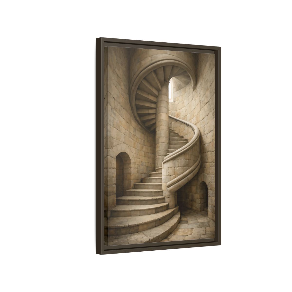 Side Mockup 2. Vintage Spiral Staircase Tan Stone shown as stretched canvas wall art