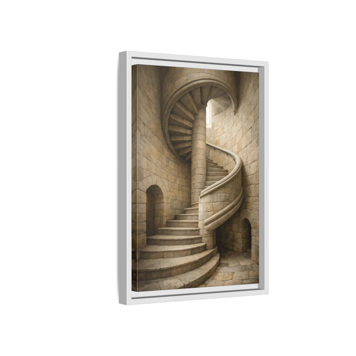 Side Mockup 4. Vintage Spiral Staircase Tan Stone shown as stretched canvas wall art