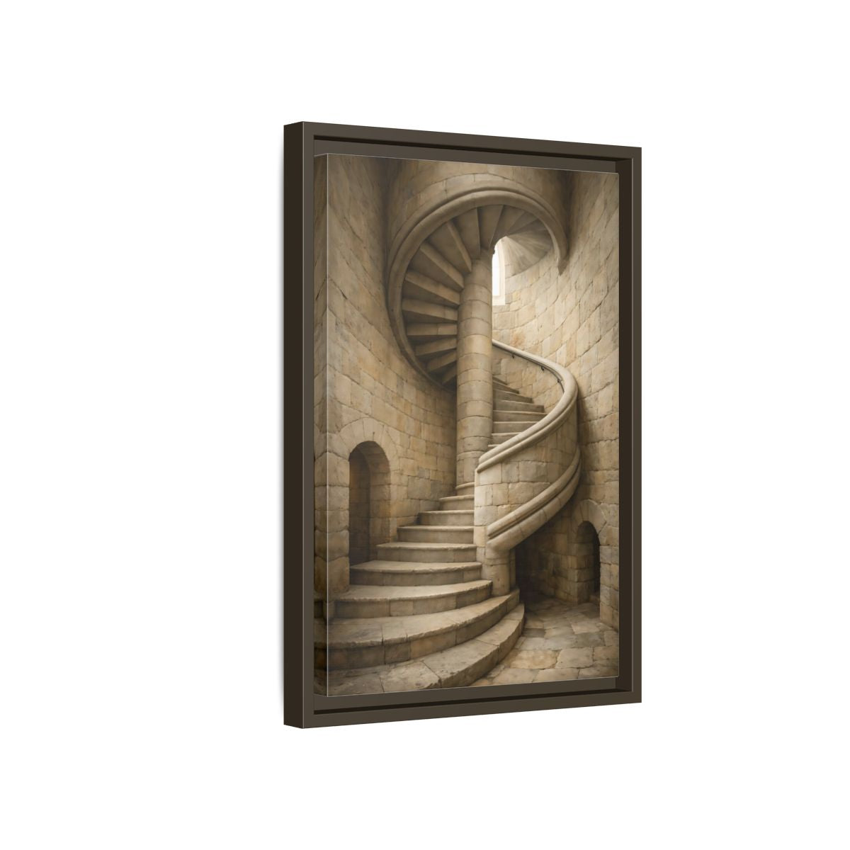 Side Mockup 5. Vintage Spiral Staircase Tan Stone shown as stretched canvas wall art