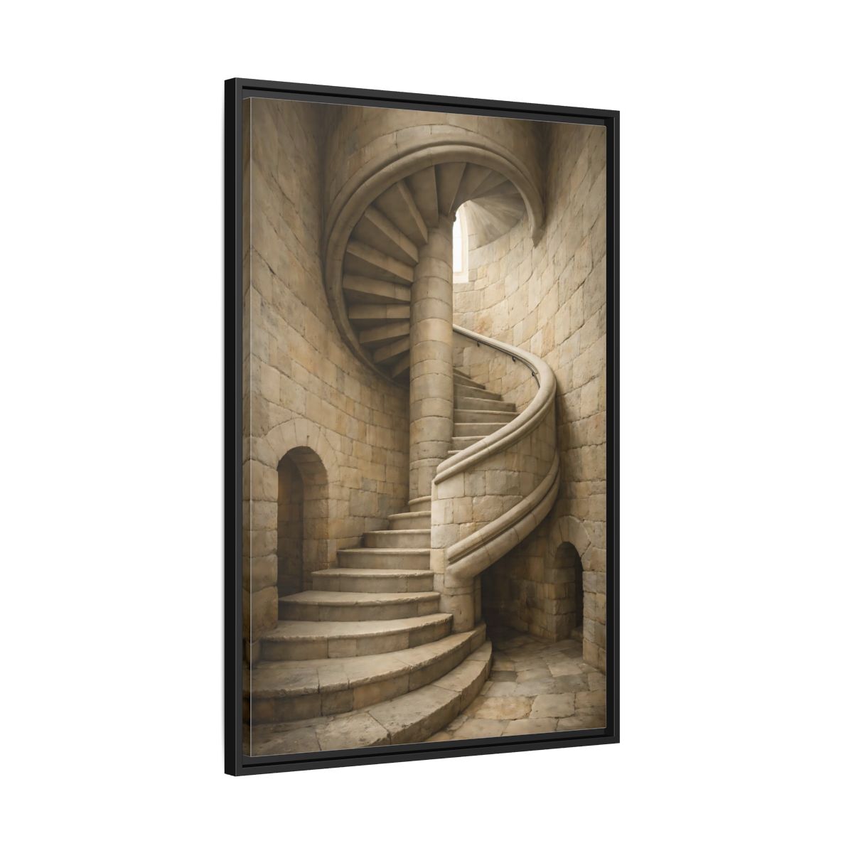 Side Mockup 13. Vintage Spiral Staircase Tan Stone shown as stretched canvas wall art
