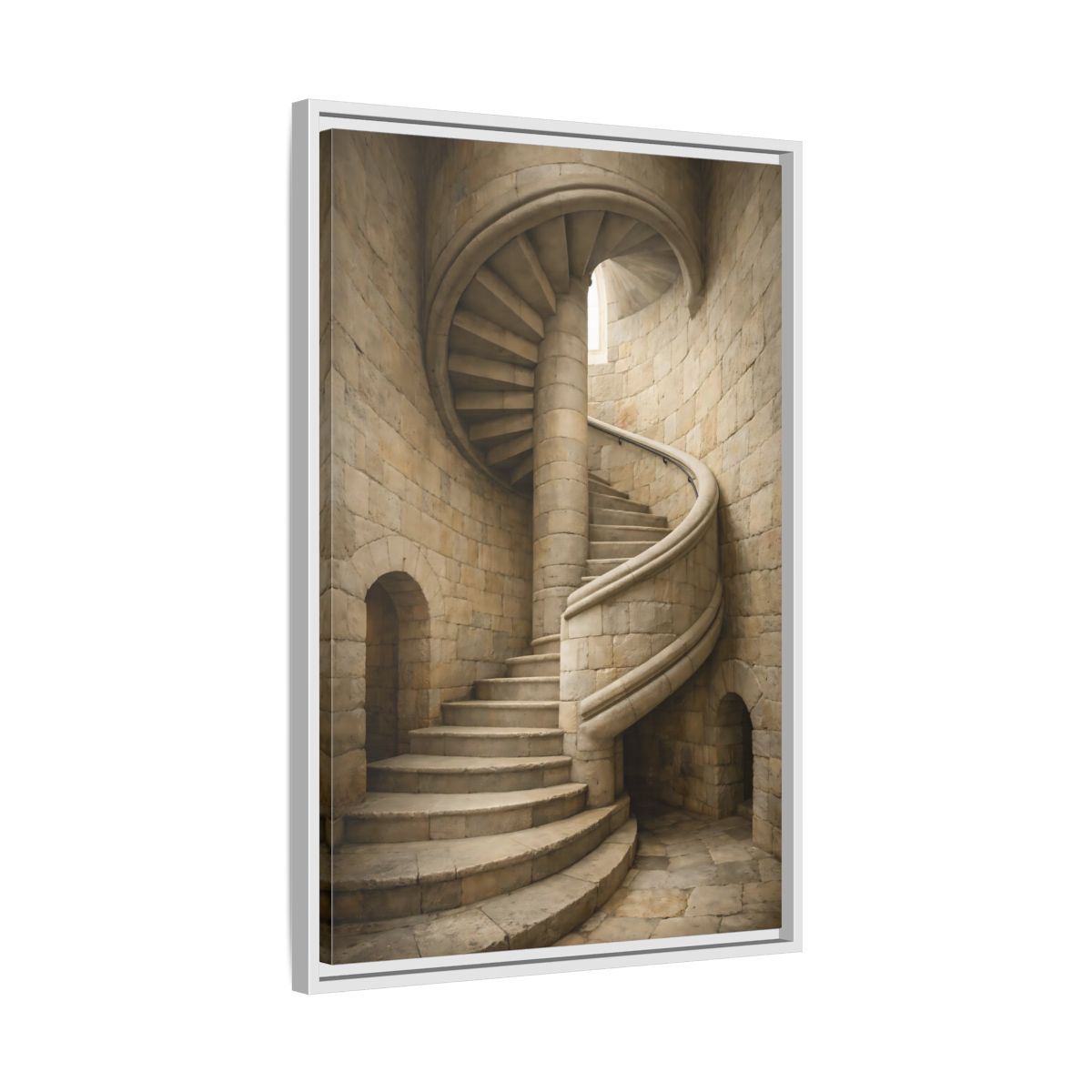 Side Mockup 11. Vintage Spiral Staircase Tan Stone shown as stretched canvas wall art
