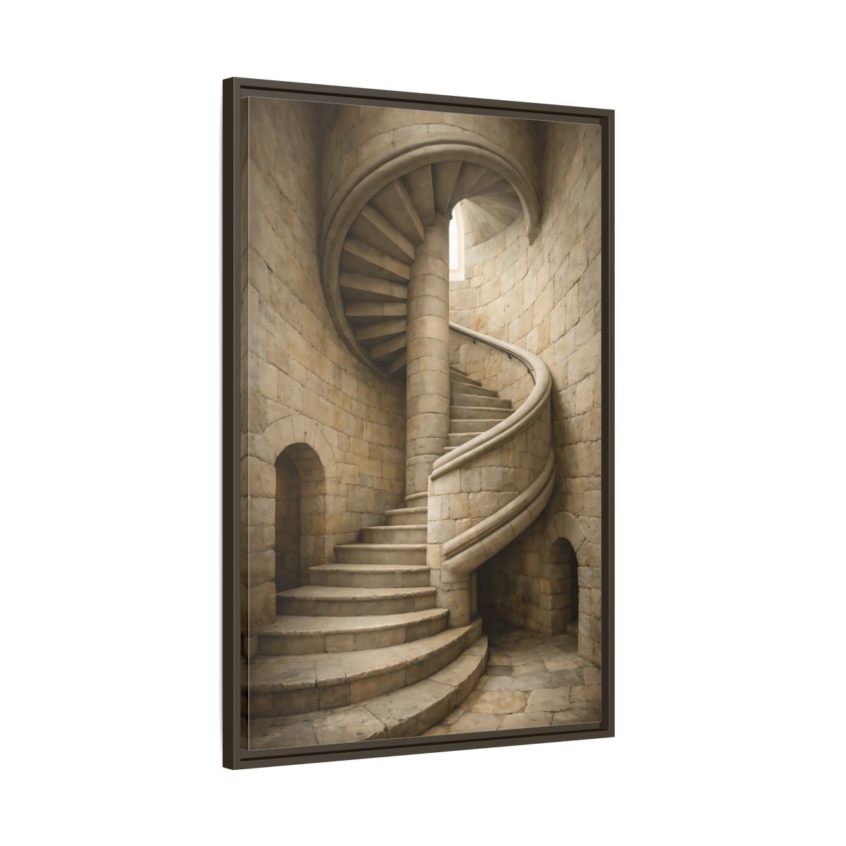Side Mockup 10. Vintage Spiral Staircase Tan Stone shown as stretched canvas wall art