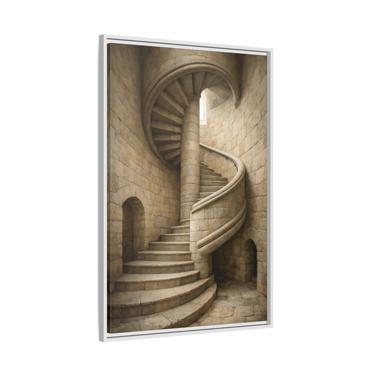 Side Mockup 9. Vintage Spiral Staircase Tan Stone shown as stretched canvas wall art
