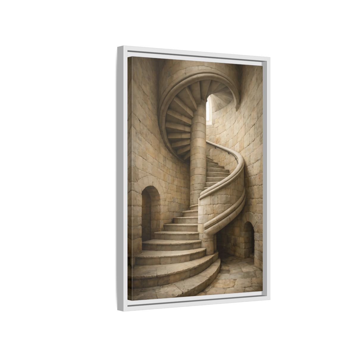 Side Mockup 1. Vintage Spiral Staircase Tan Stone shown as stretched canvas wall art