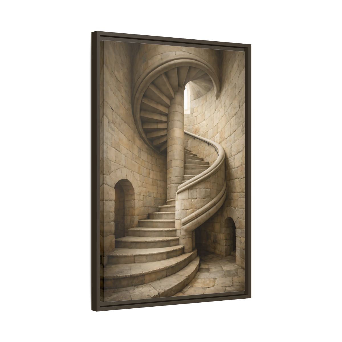 Side Mockup 12. Vintage Spiral Staircase Tan Stone shown as stretched canvas wall art