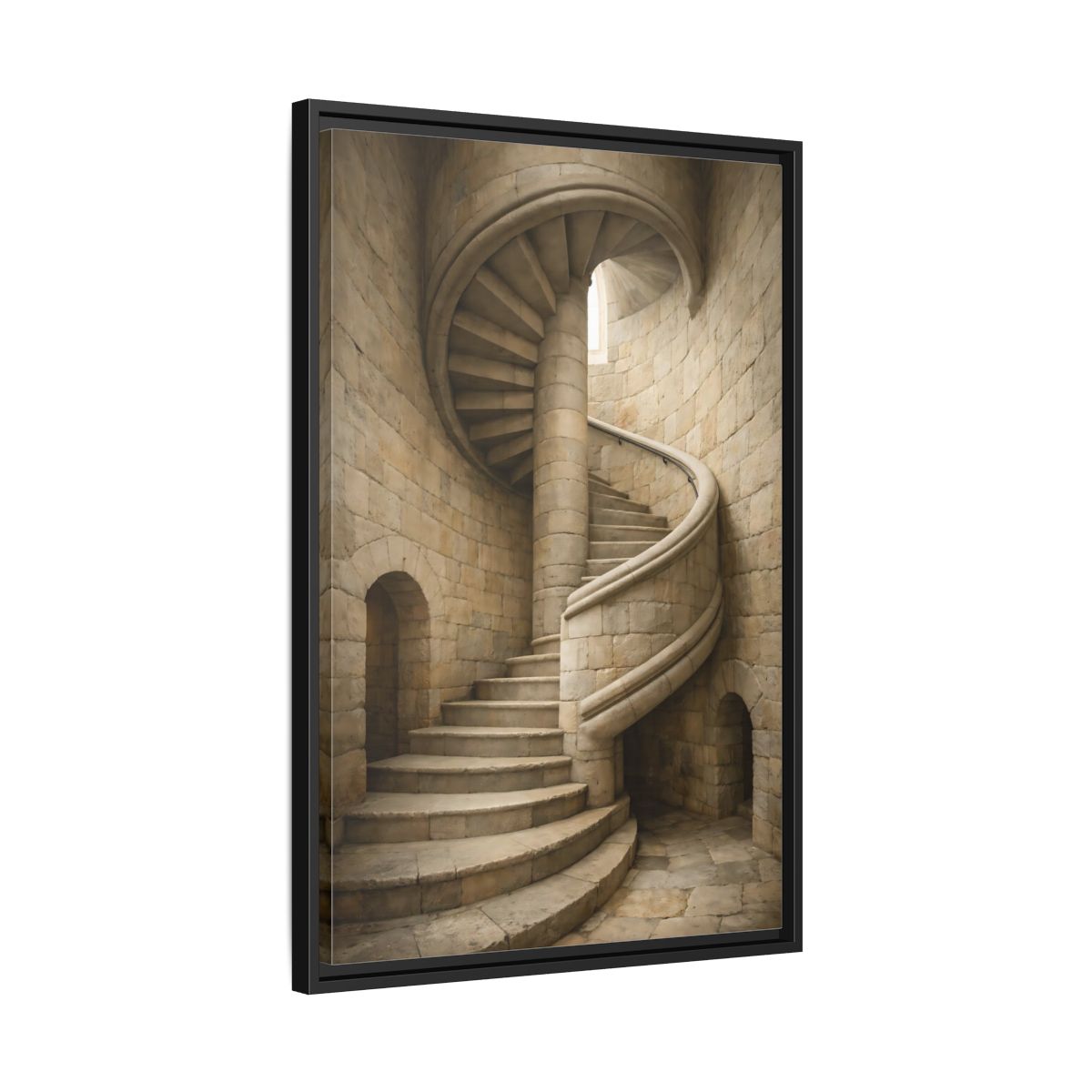 Side Mockup 14. Vintage Spiral Staircase Tan Stone shown as stretched canvas wall art