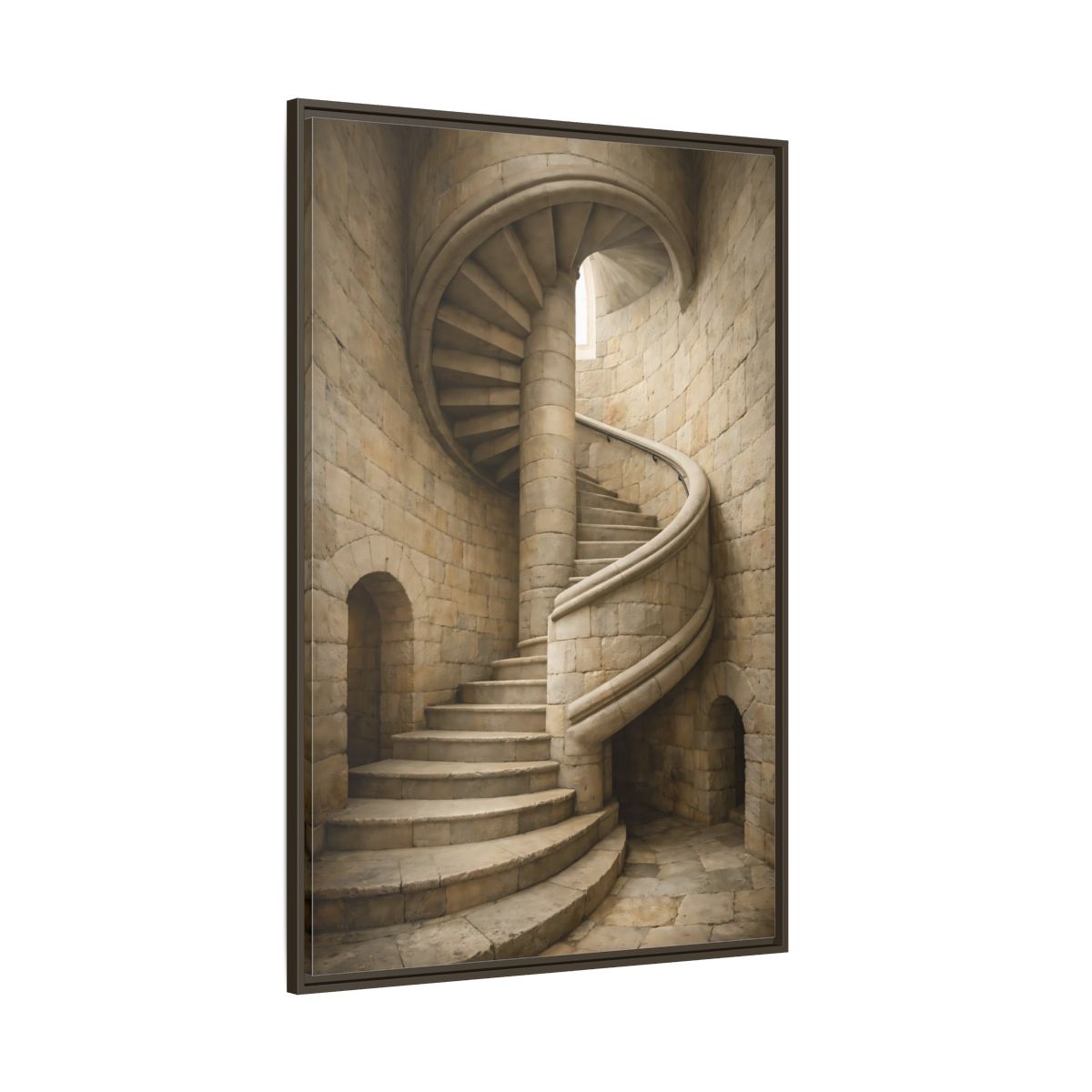 Side Mockup 8. Vintage Spiral Staircase Tan Stone shown as stretched canvas wall art