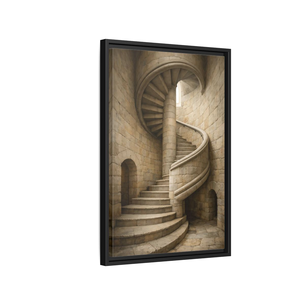 Side Mockup 3. Vintage Spiral Staircase Tan Stone shown as stretched canvas wall art