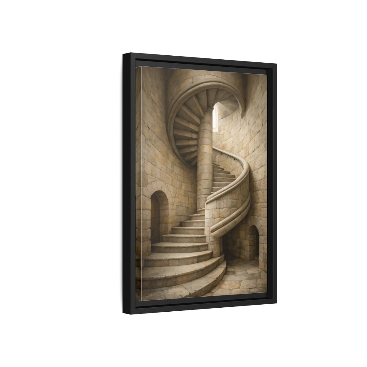 Side Mockup 6. Vintage Spiral Staircase Tan Stone shown as stretched canvas wall art