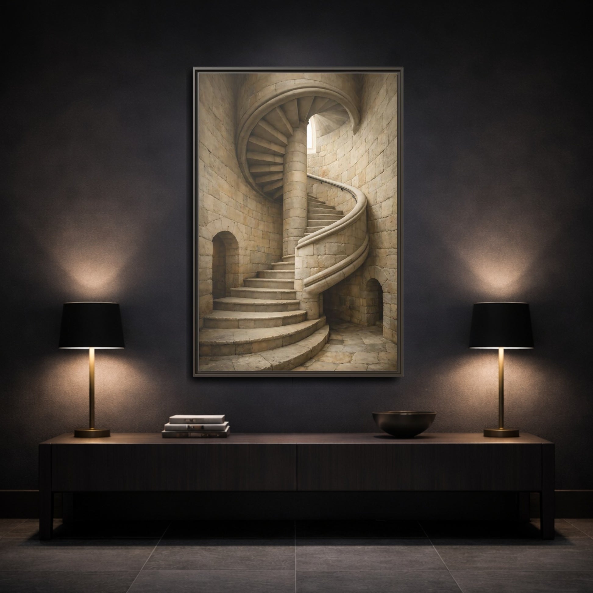 Mockup 2. Vintage Spiral Staircase Tan Stone shown as stretched canvas wall art