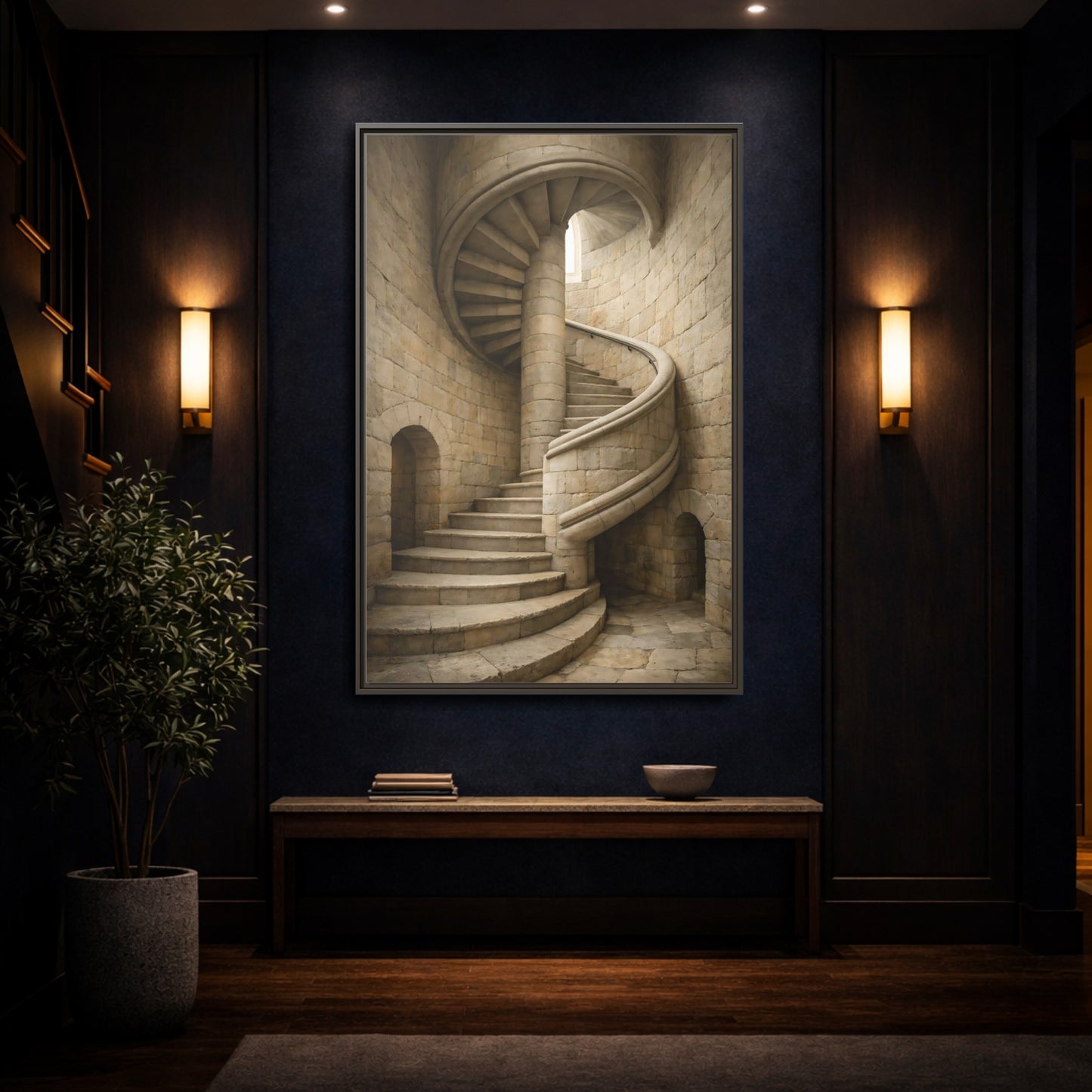 Mockup 3. Vintage Spiral Staircase Tan Stone shown as stretched canvas wall art