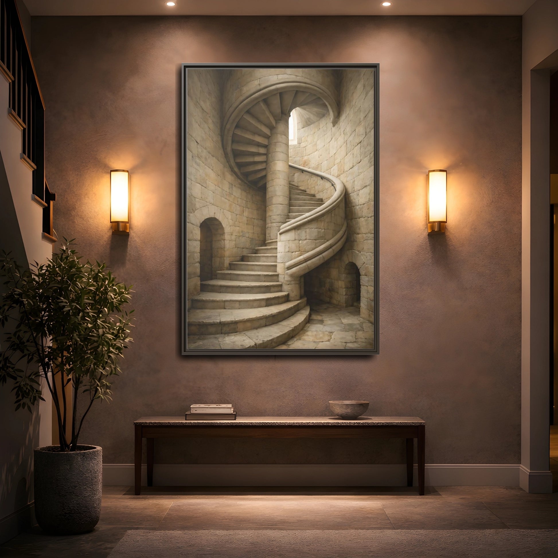 Mockup 4. Vintage Spiral Staircase Tan Stone shown as stretched canvas wall art