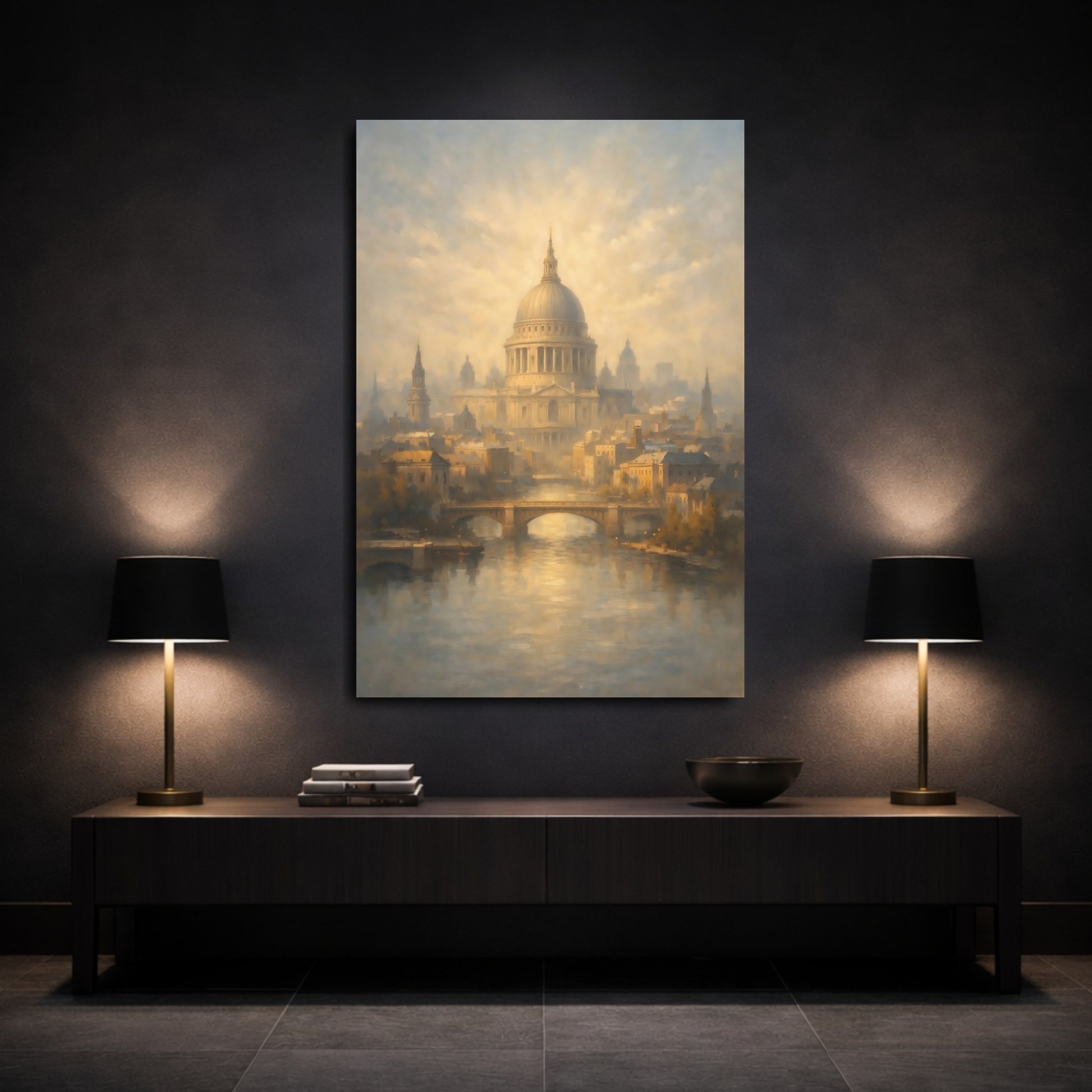 Mockup 2. Vintage St. Paul'S Cathedral Golden London Cityscape shown as stretched canvas wall art