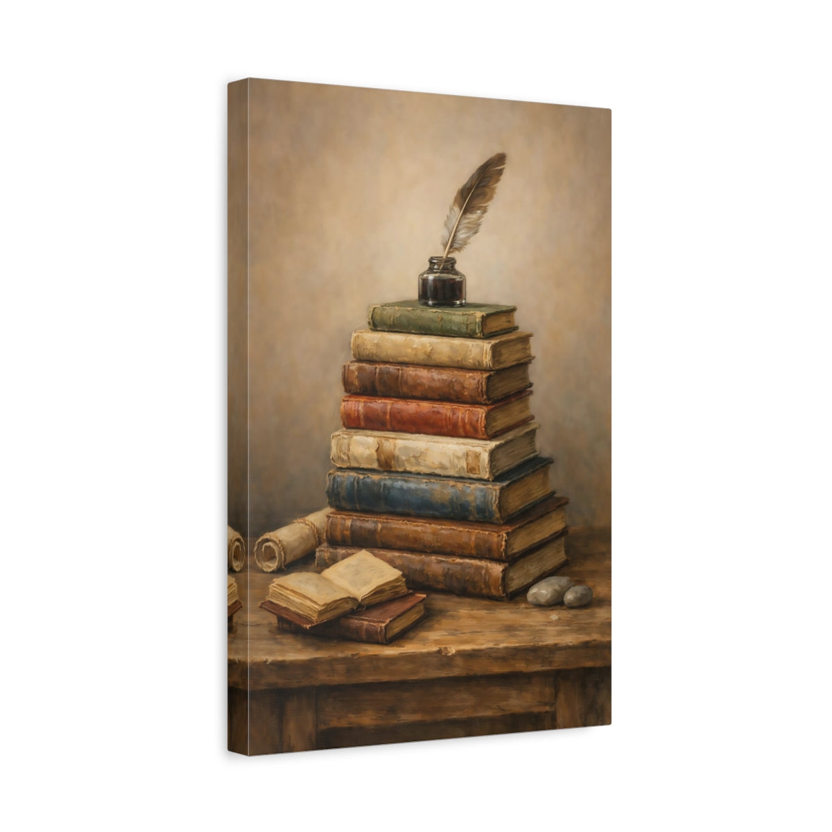 Side Mockup 4. Vintage Stacked Books Vintage Books shown as stretched canvas wall art