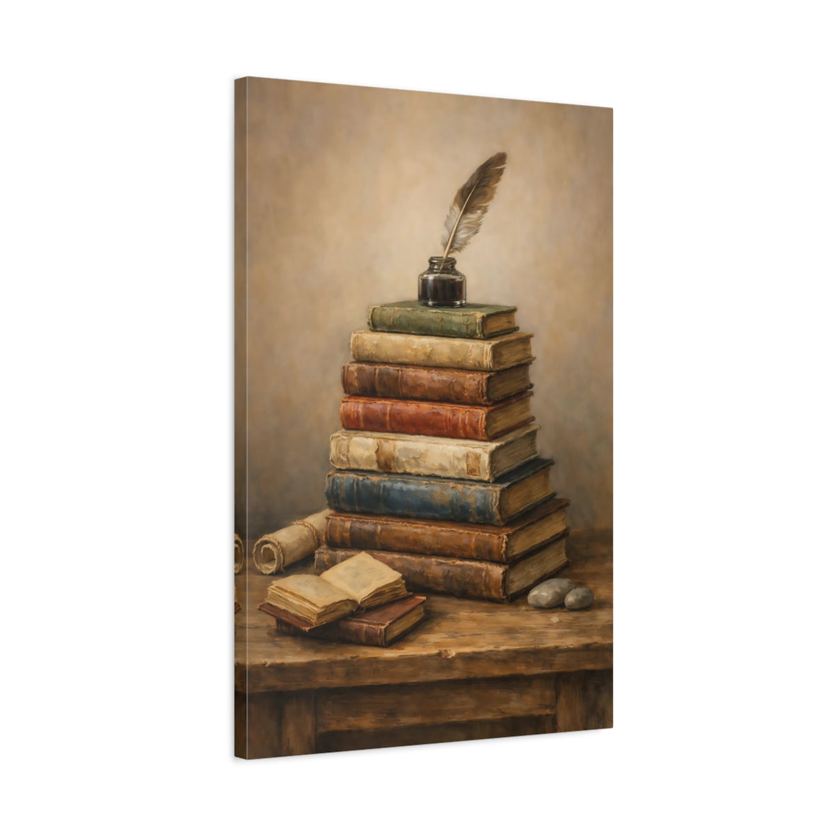 Side Mockup 2. Vintage Stacked Books Vintage Books shown as stretched canvas wall art