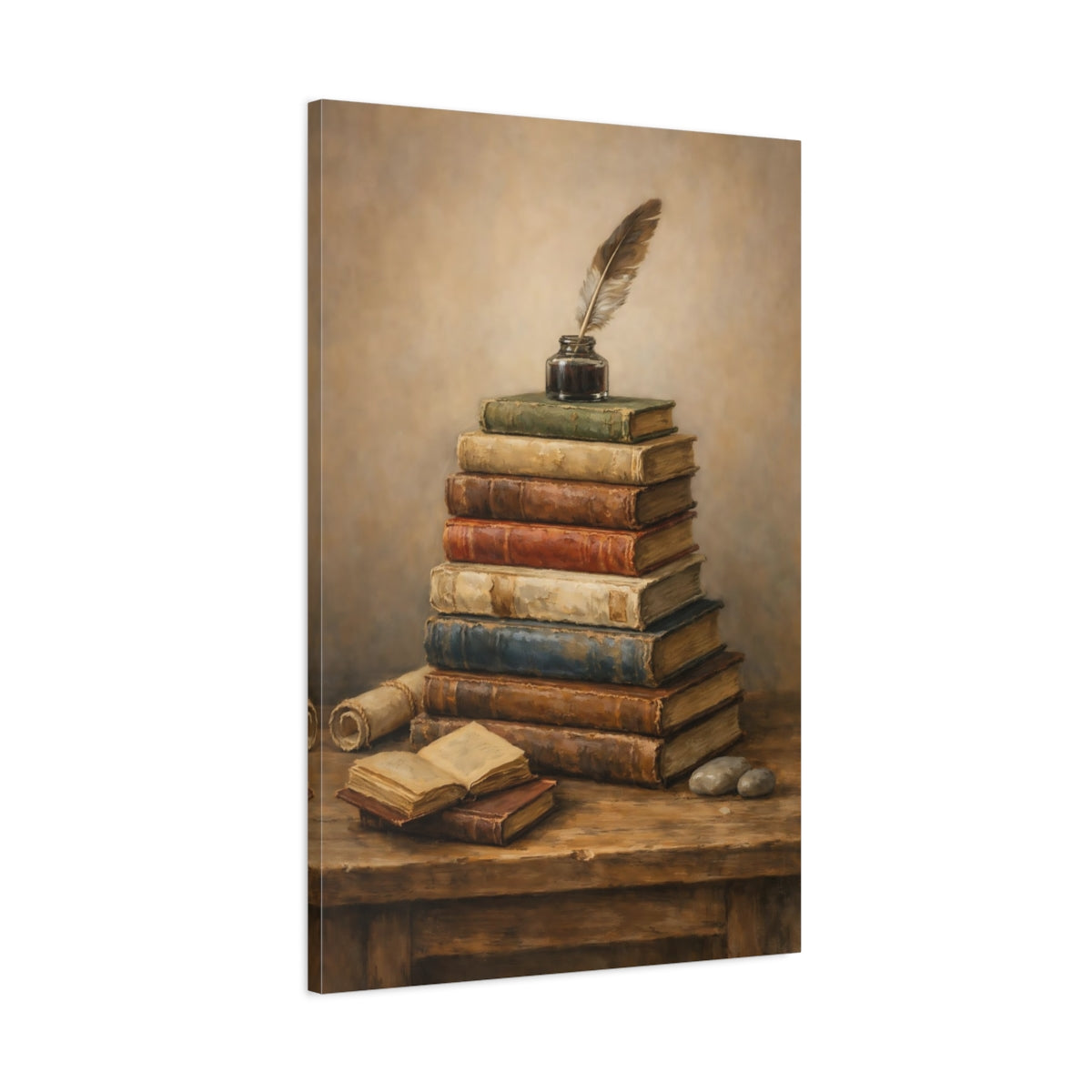 Side Mockup 1. Vintage Stacked Books Vintage Books shown as stretched canvas wall art