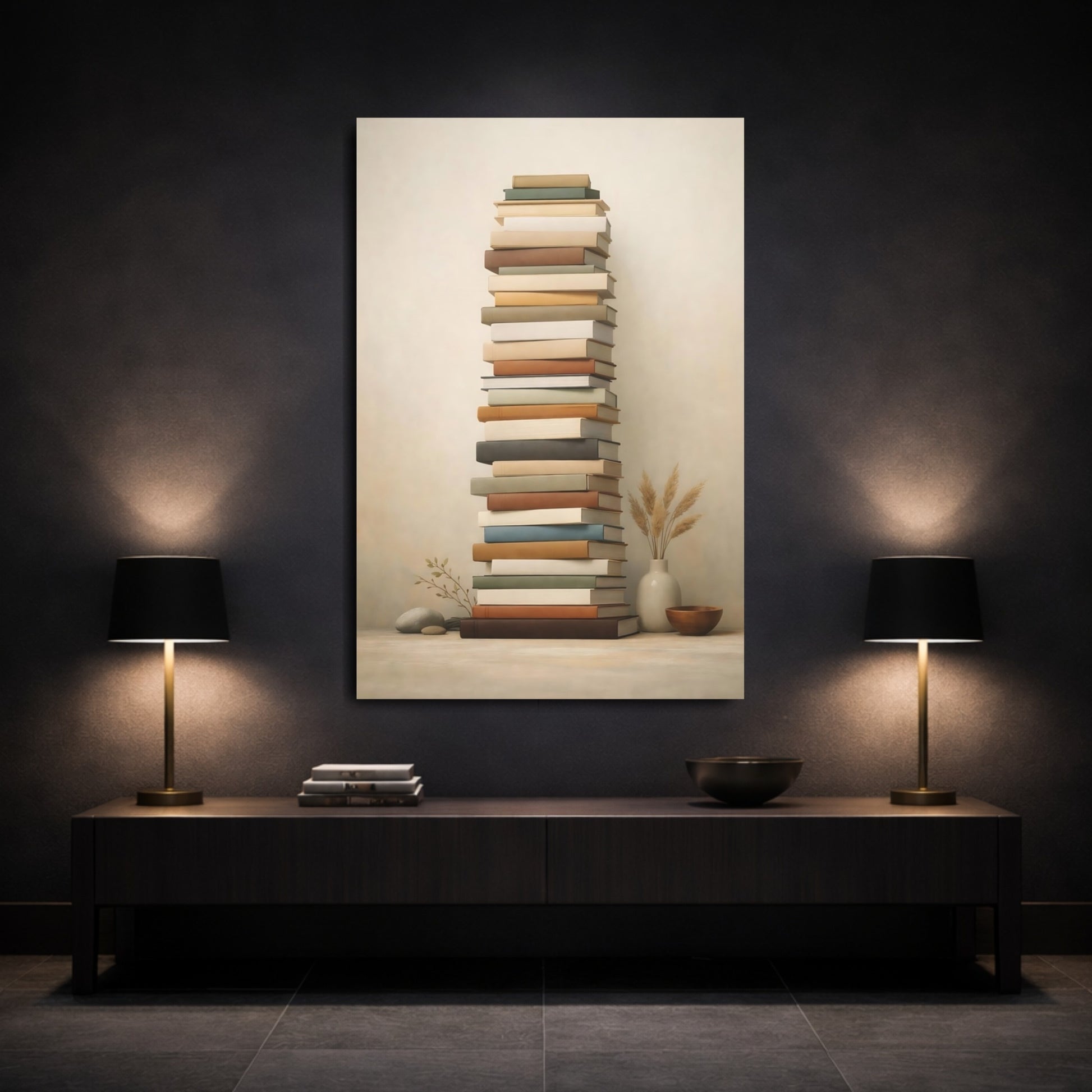 Vintage Stacked Books Stacked Books Neutral shown as front canvas room wall art