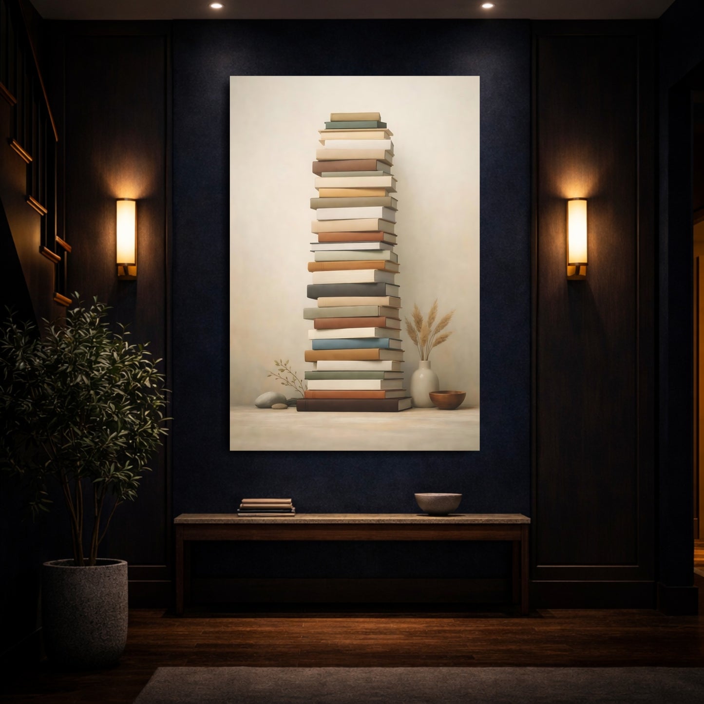 Vintage Stacked Books Stacked Books Neutral shown as front canvas room wall art