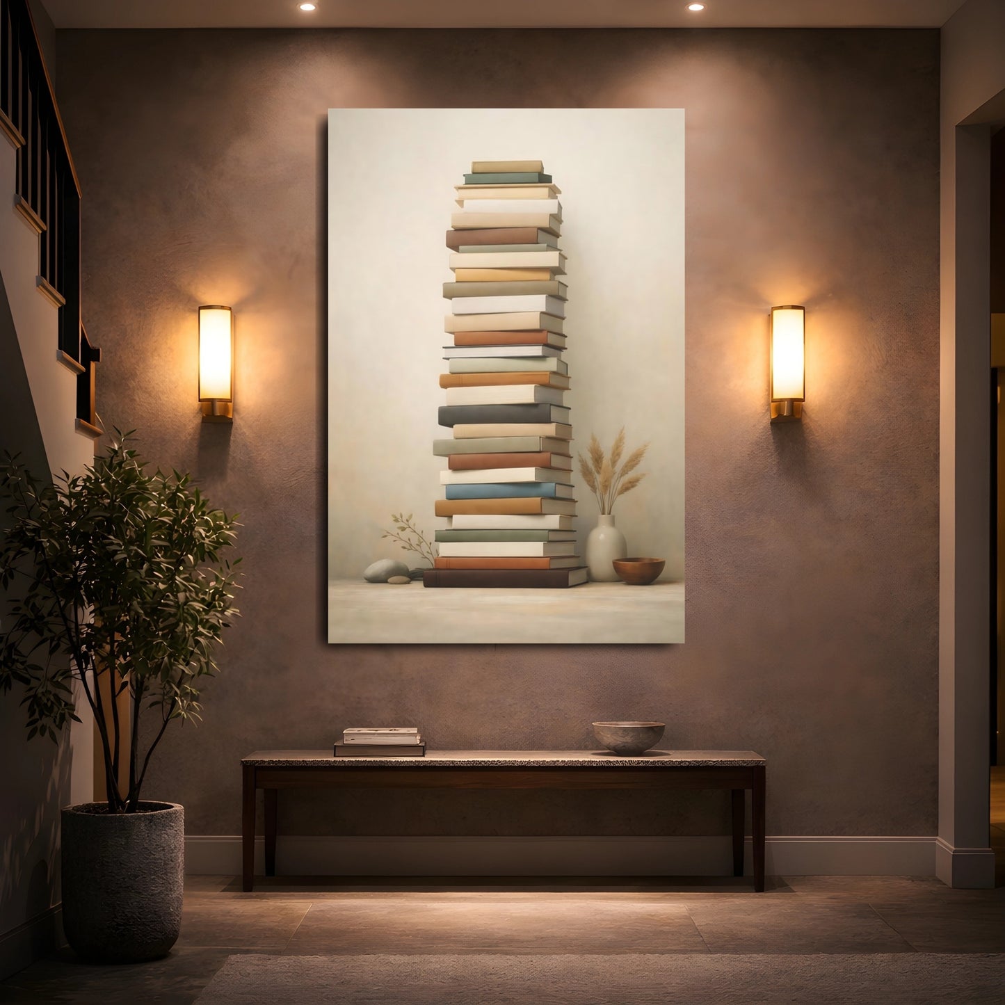 Vintage Stacked Books Stacked Books Neutral shown as front canvas room wall art