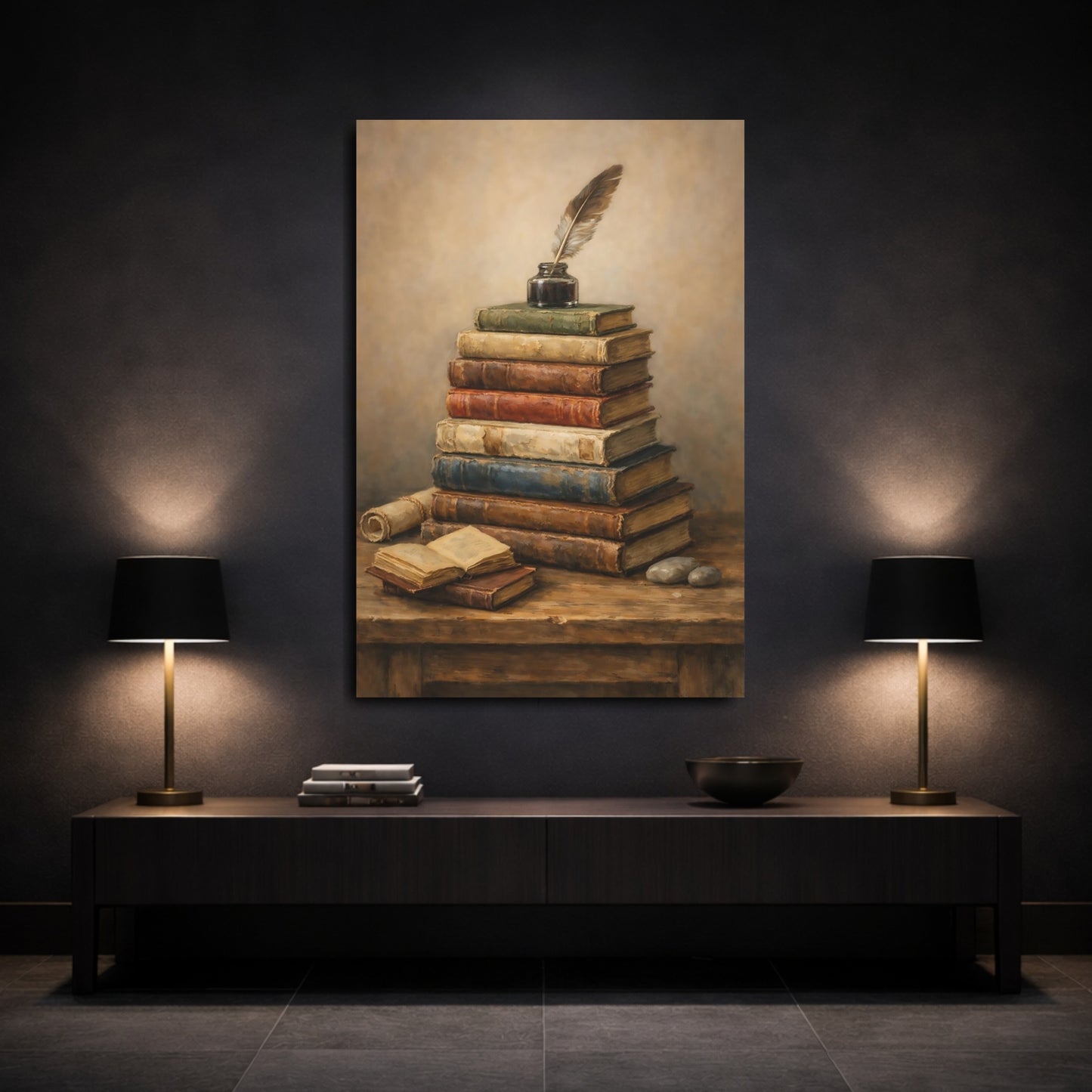 Mockup 2. Vintage Stacked Books Vintage Books shown as stretched canvas wall art