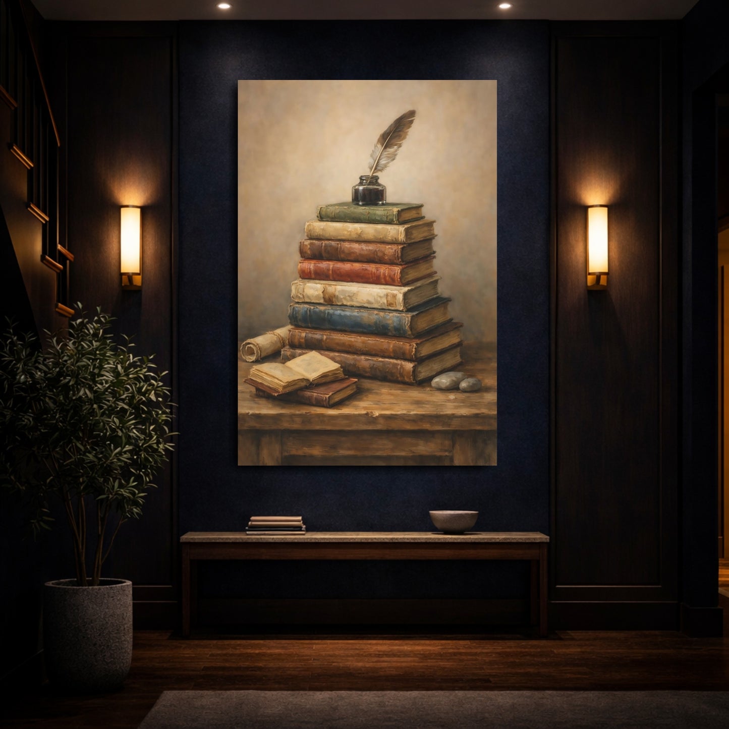 Mockup 3. Vintage Stacked Books Vintage Books shown as stretched canvas wall art