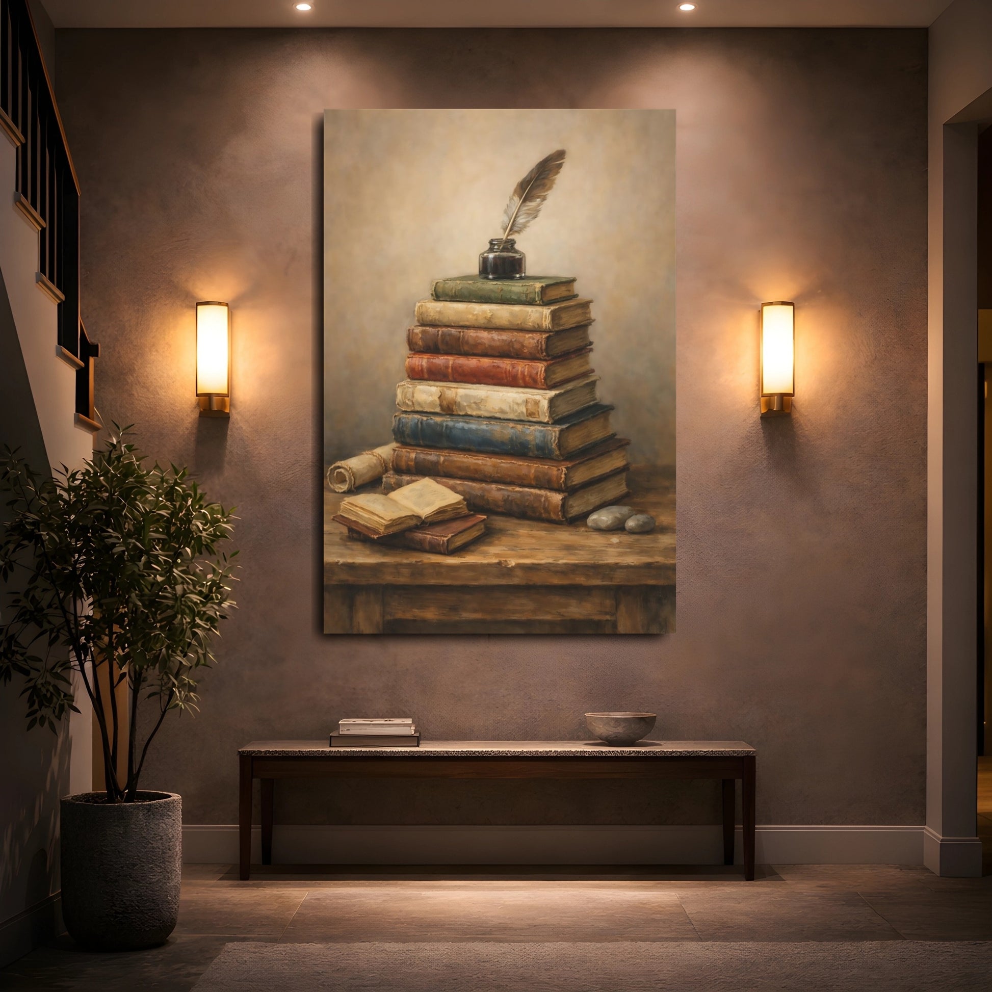 Mockup 4. Vintage Stacked Books Vintage Books shown as stretched canvas wall art