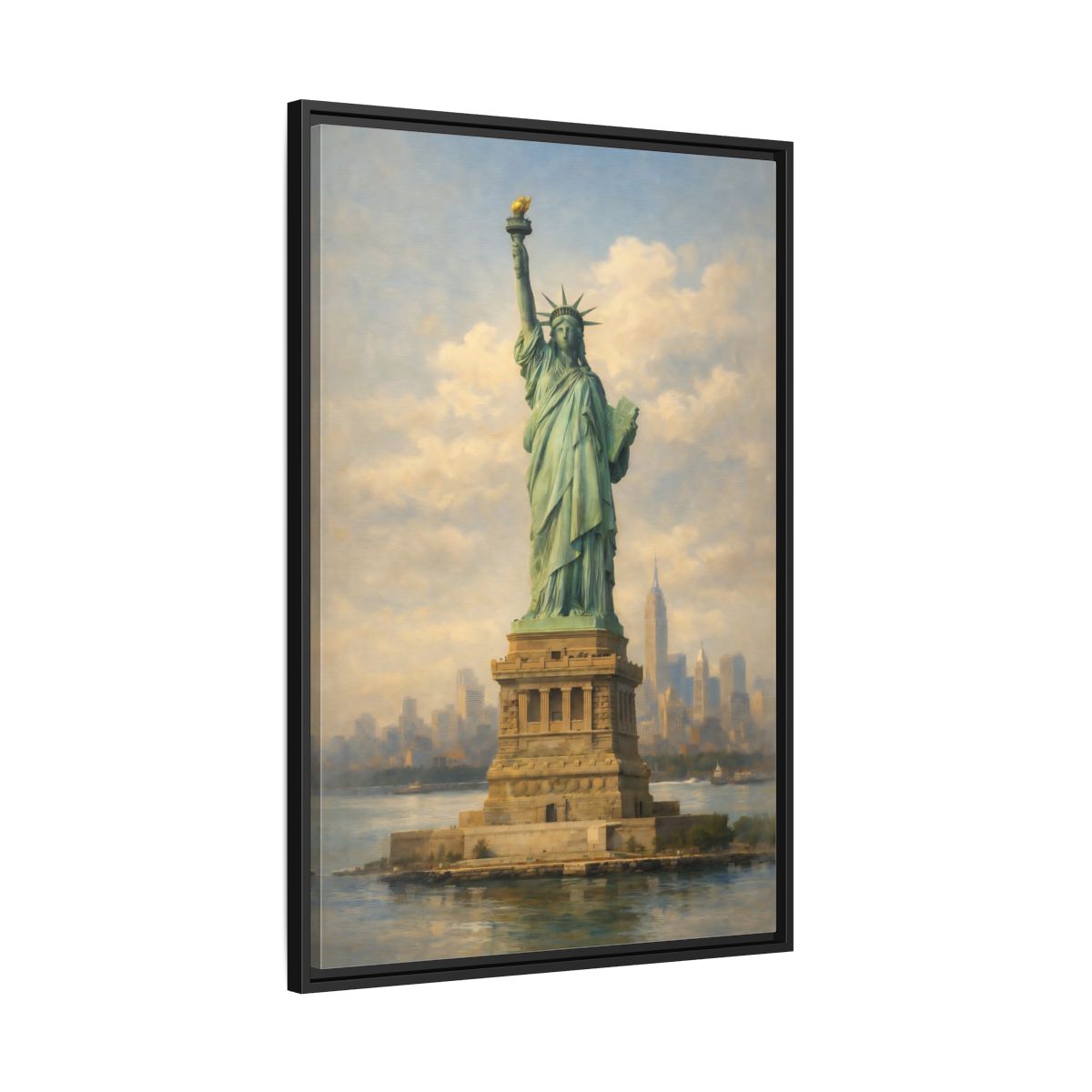 Side Mockup 13. Vintage Statue Of Liberty Statue Of Liberty Blue shown as stretched canvas wall art