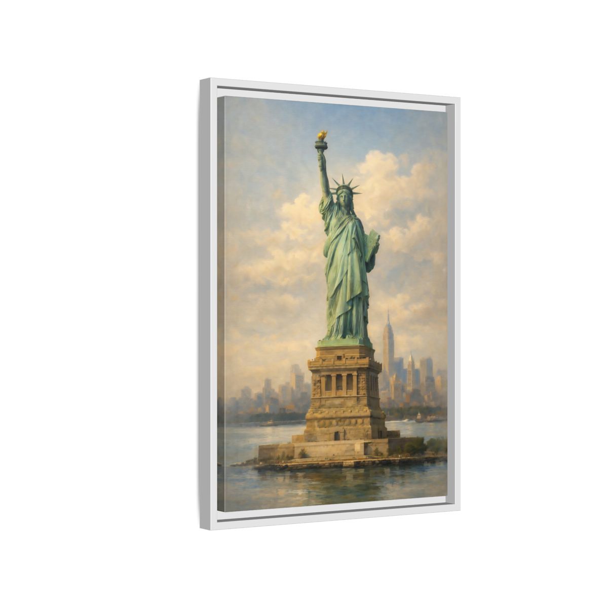 Side Mockup 1. Vintage Statue Of Liberty Statue Of Liberty Blue shown as stretched canvas wall art