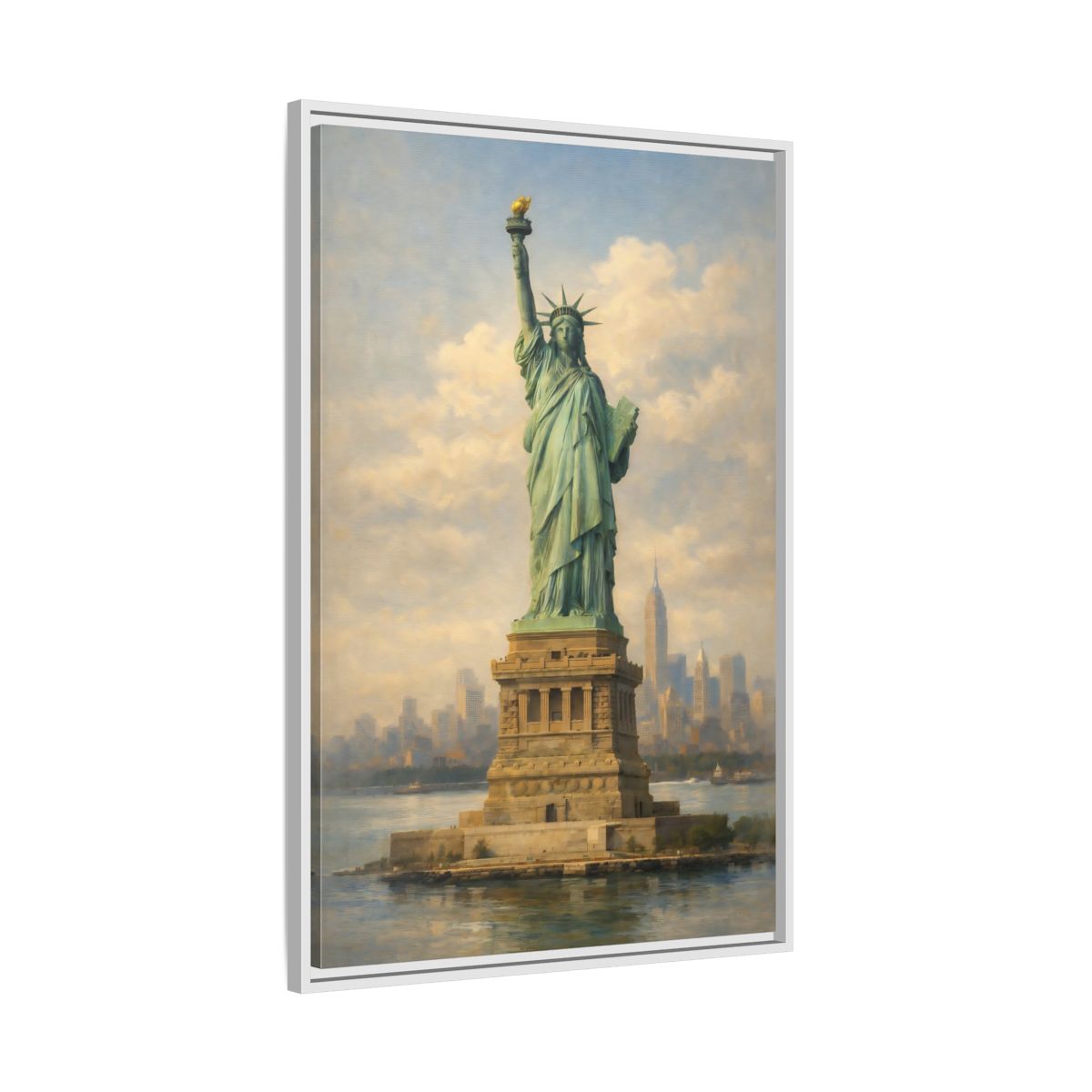 Side Mockup 9. Vintage Statue Of Liberty Statue Of Liberty Blue shown as stretched canvas wall art