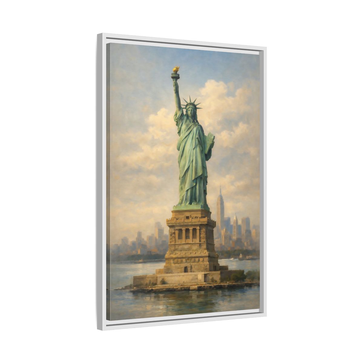 Side Mockup 11. Vintage Statue Of Liberty Statue Of Liberty Blue shown as stretched canvas wall art
