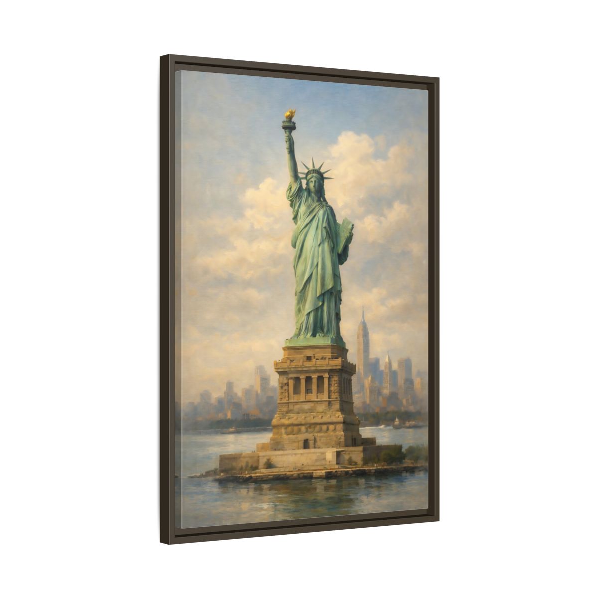 Side Mockup 12. Vintage Statue Of Liberty Statue Of Liberty Blue shown as stretched canvas wall art
