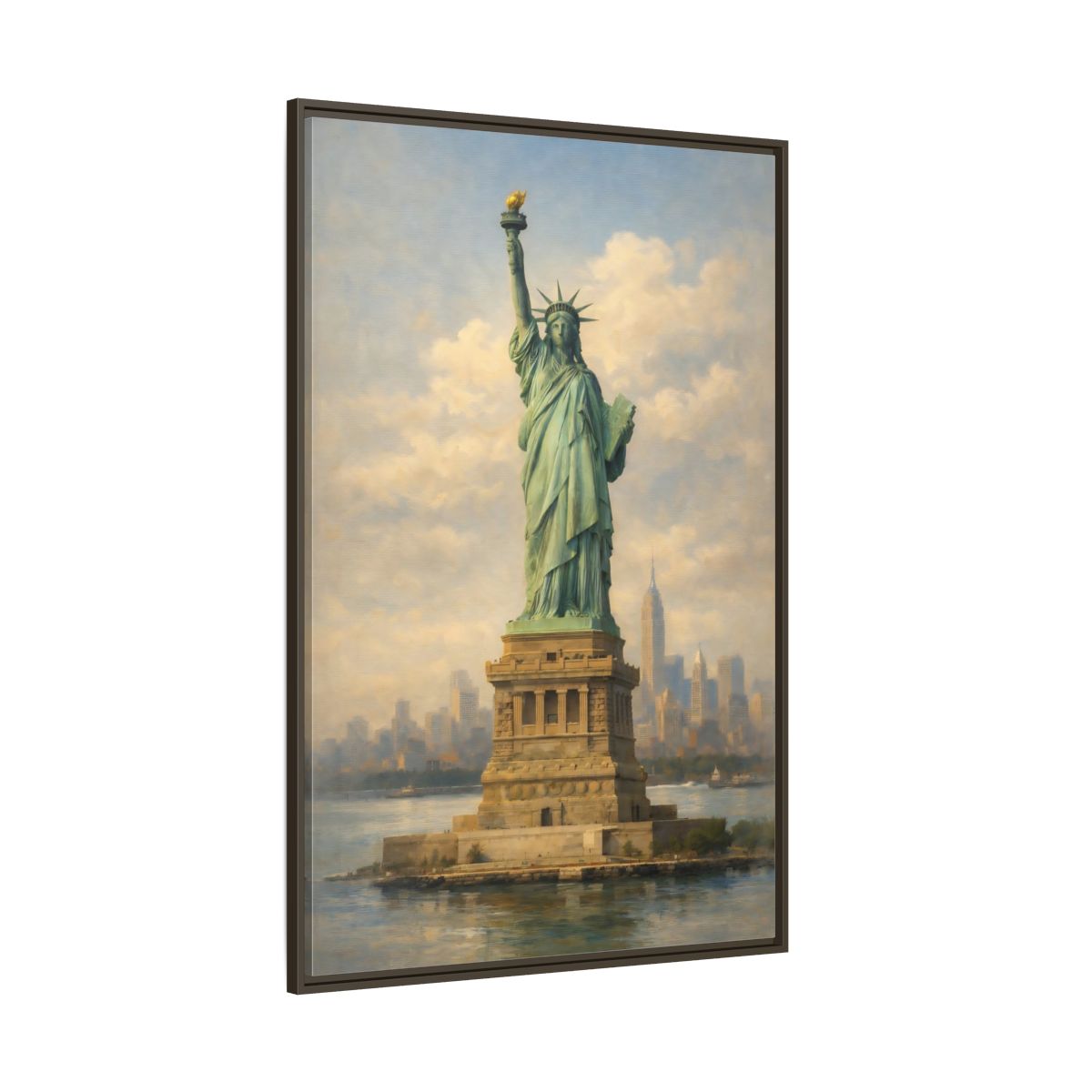 Side Mockup 8. Vintage Statue Of Liberty Statue Of Liberty Blue shown as stretched canvas wall art