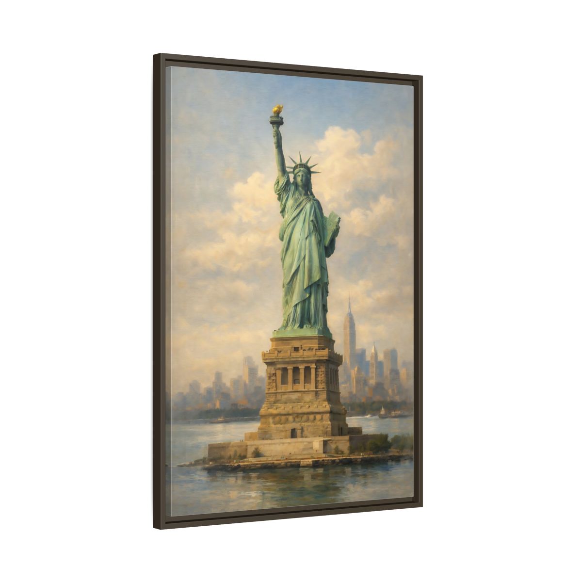 Side Mockup 10. Vintage Statue Of Liberty Statue Of Liberty Blue shown as stretched canvas wall art