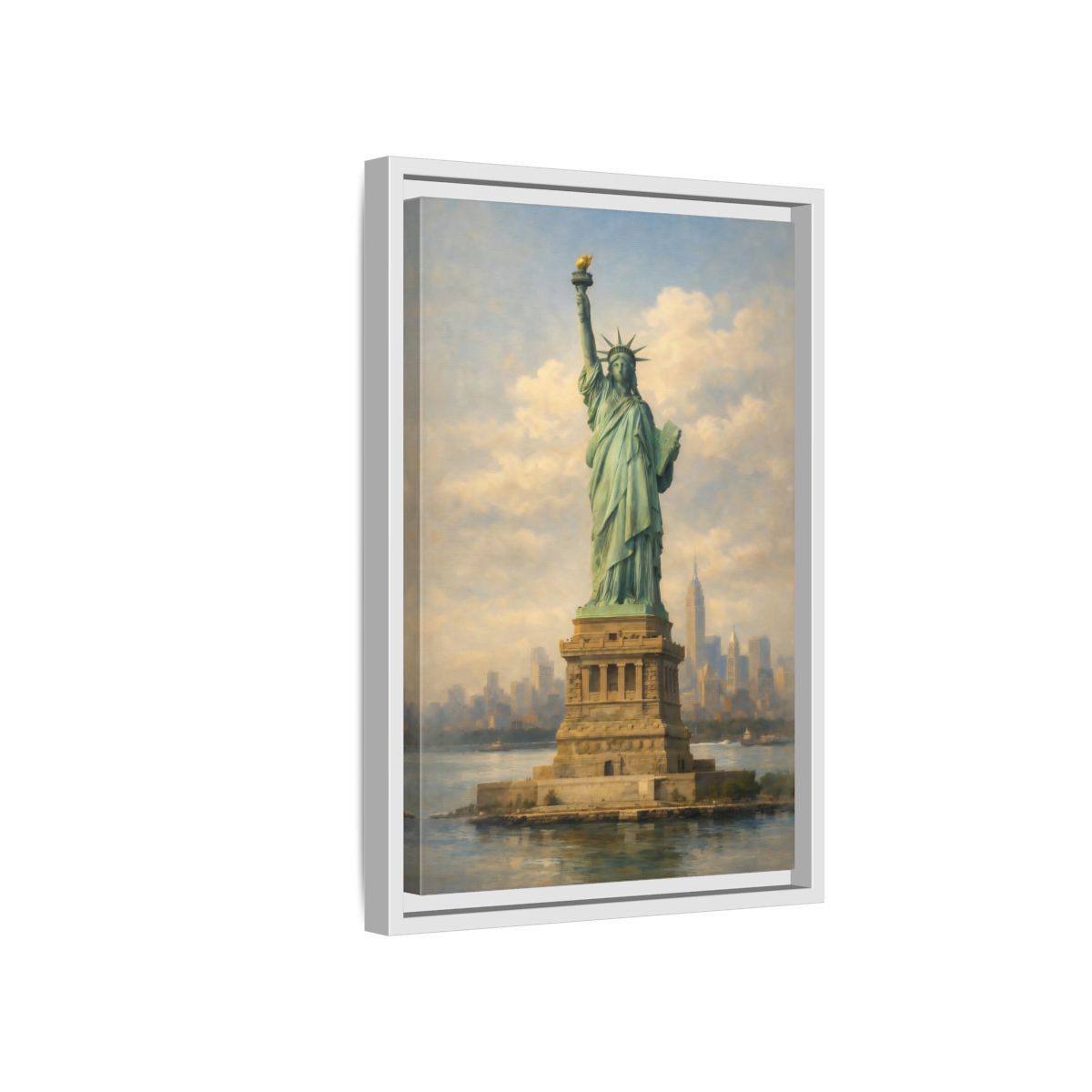 Side Mockup 4. Vintage Statue Of Liberty Statue Of Liberty Blue shown as stretched canvas wall art