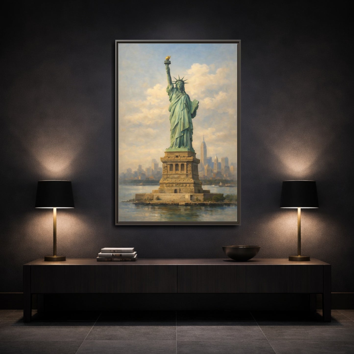 Mockup 2. Vintage Statue Of Liberty Statue Of Liberty Blue shown as stretched canvas wall art