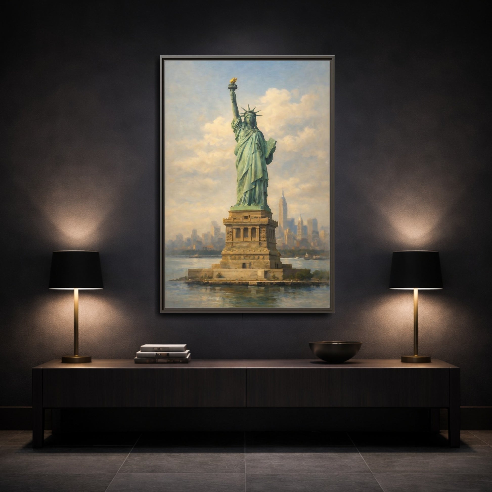 Mockup 2. Vintage Statue Of Liberty Statue Of Liberty Blue shown as stretched canvas wall art