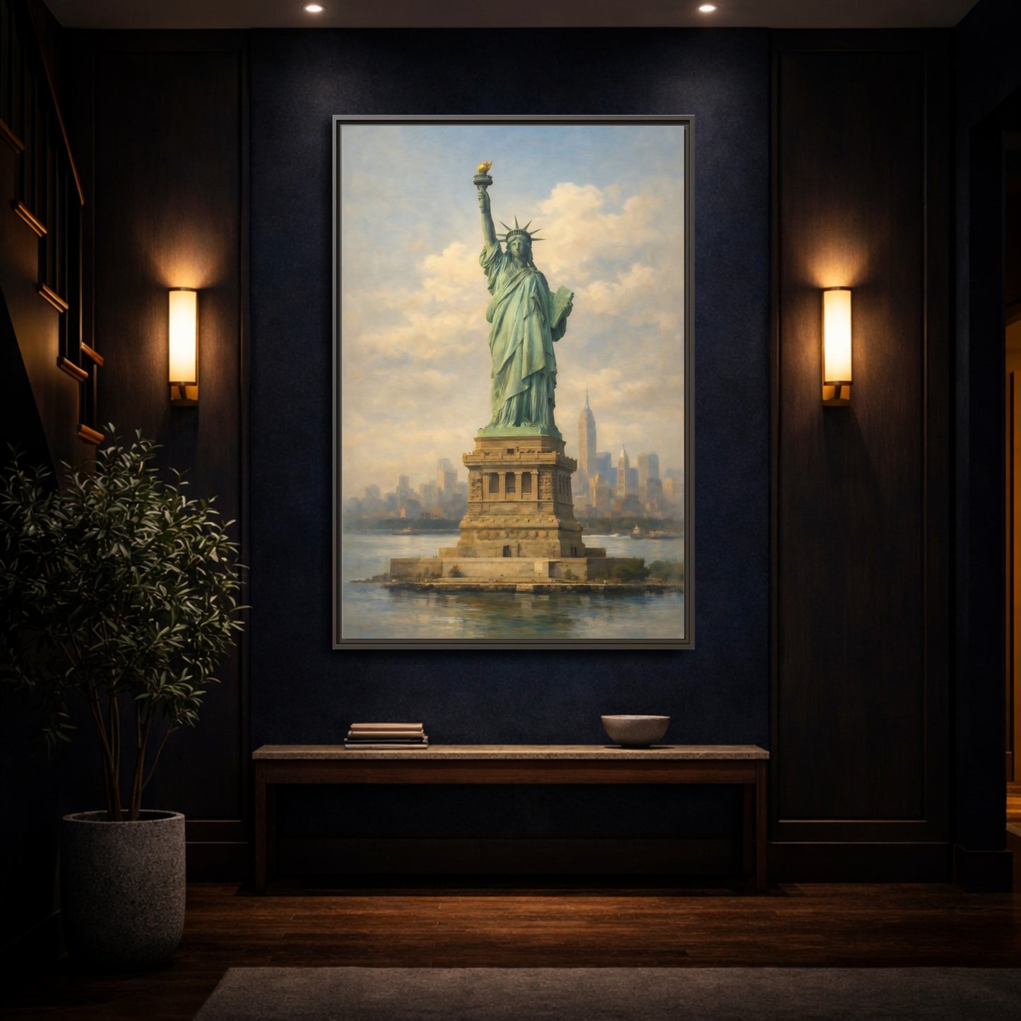 Mockup 3. Vintage Statue Of Liberty Statue Of Liberty Blue shown as stretched canvas wall art