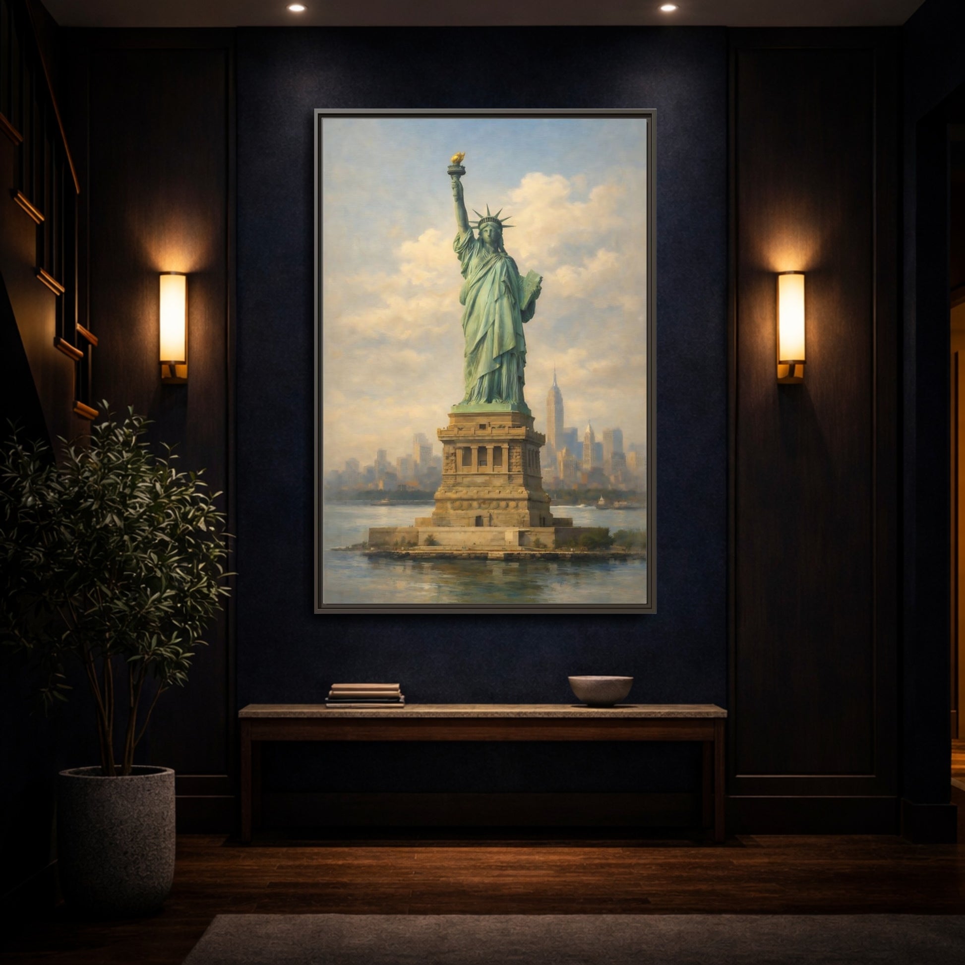Mockup 3. Vintage Statue Of Liberty Statue Of Liberty Blue shown as stretched canvas wall art