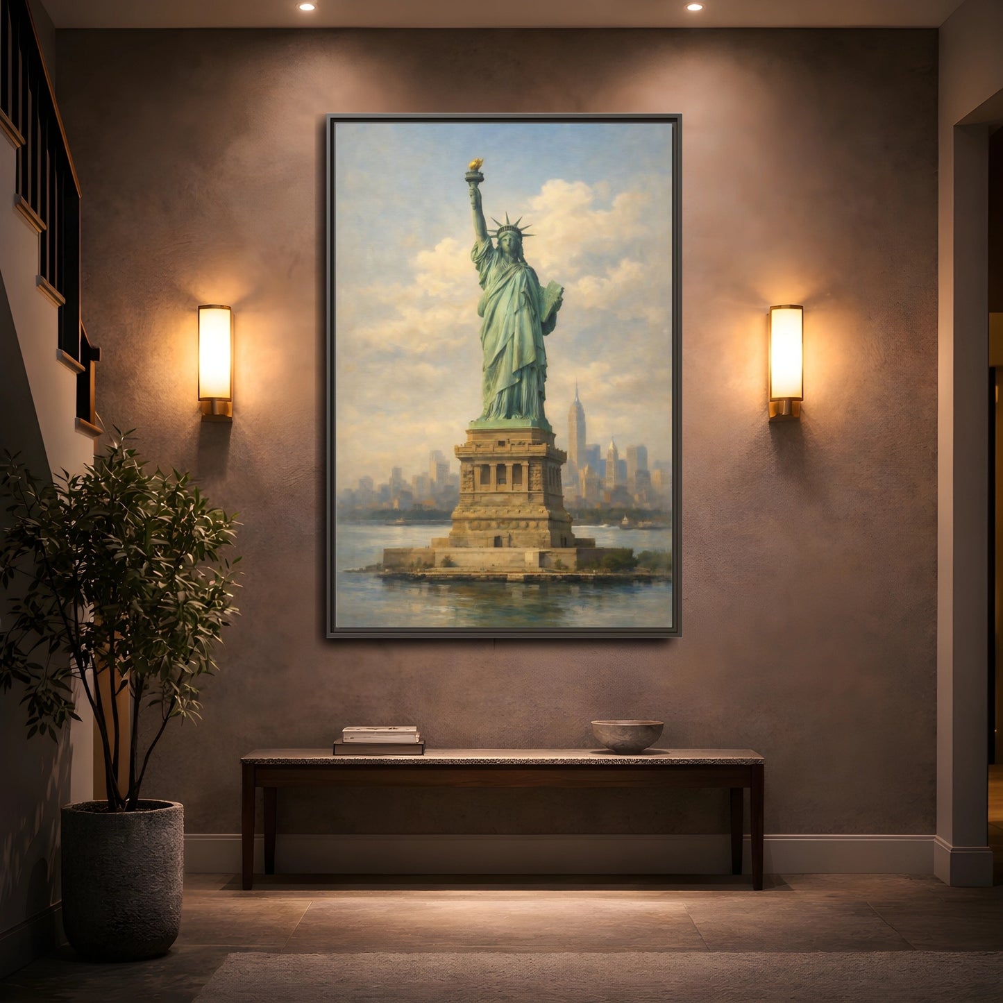 Mockup 4. Vintage Statue Of Liberty Statue Of Liberty Blue shown as stretched canvas wall art