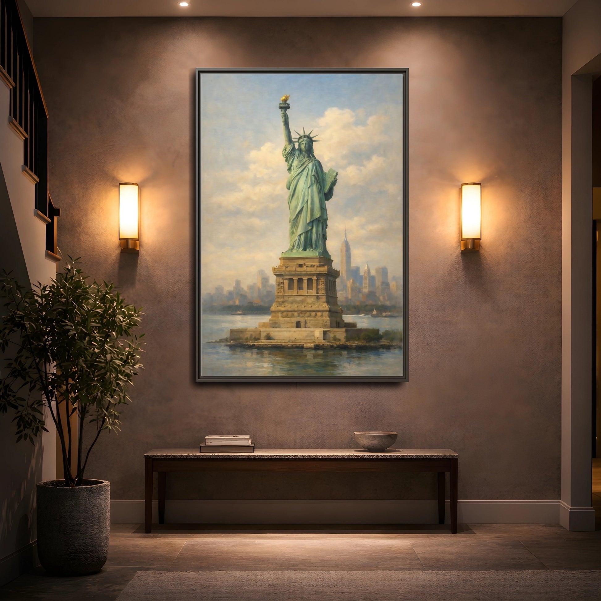 Mockup 4. Vintage Statue Of Liberty Statue Of Liberty Blue shown as stretched canvas wall art