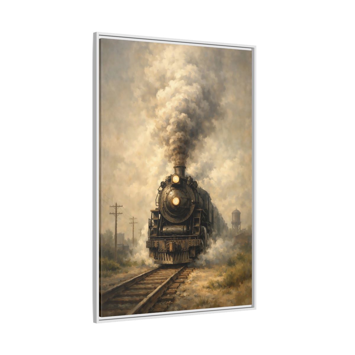 Side Mockup 7. Vintage Steam Train Brown And Grey Train shown as stretched canvas wall art