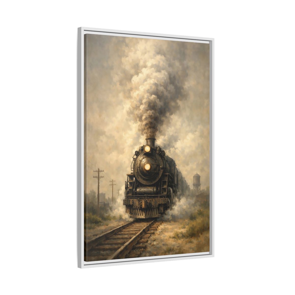 Side Mockup 9. Vintage Steam Train Brown And Grey Train shown as stretched canvas wall art