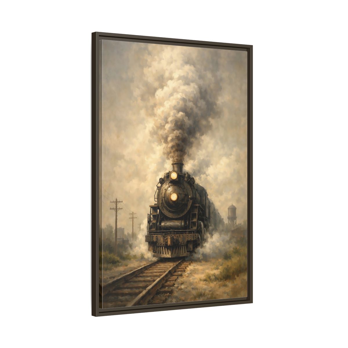 Side Mockup 10. Vintage Steam Train Brown And Grey Train shown as stretched canvas wall art