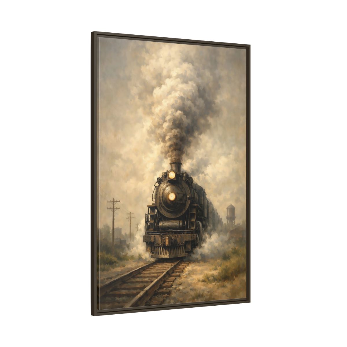 Side Mockup 8. Vintage Steam Train Brown And Grey Train shown as stretched canvas wall art
