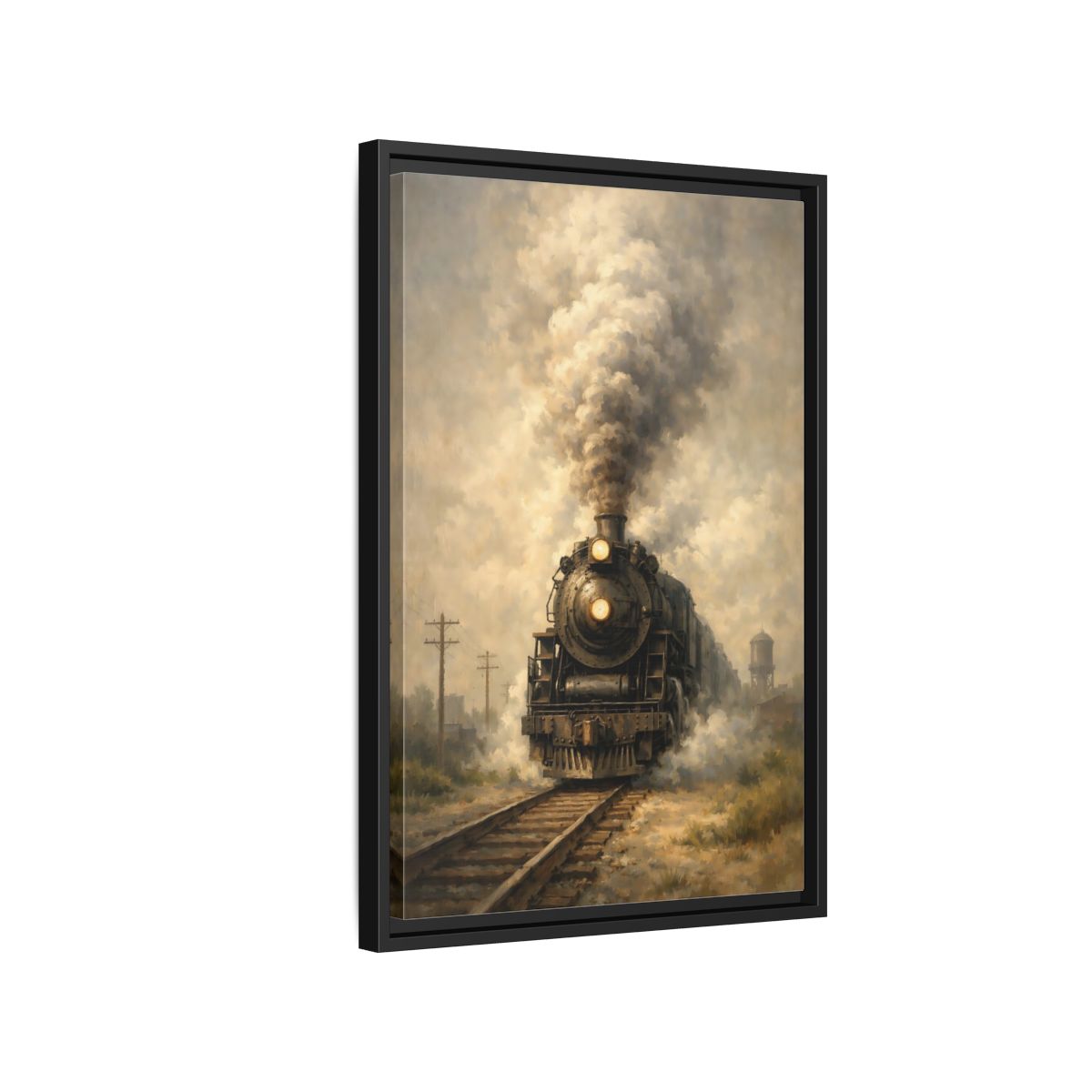 Side Mockup 3. Vintage Steam Train Brown And Grey Train shown as stretched canvas wall art
