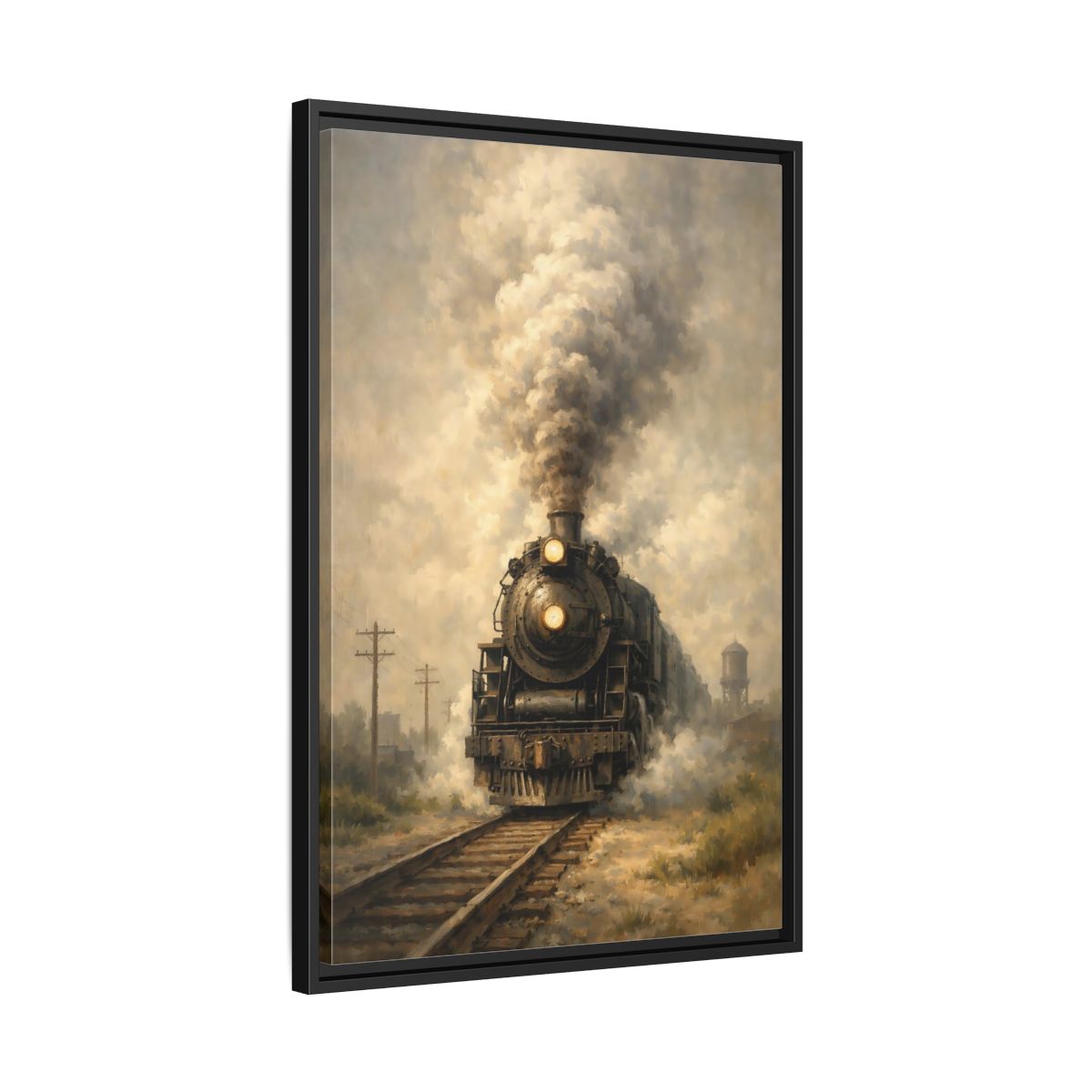 Side Mockup 14. Vintage Steam Train Brown And Grey Train shown as stretched canvas wall art