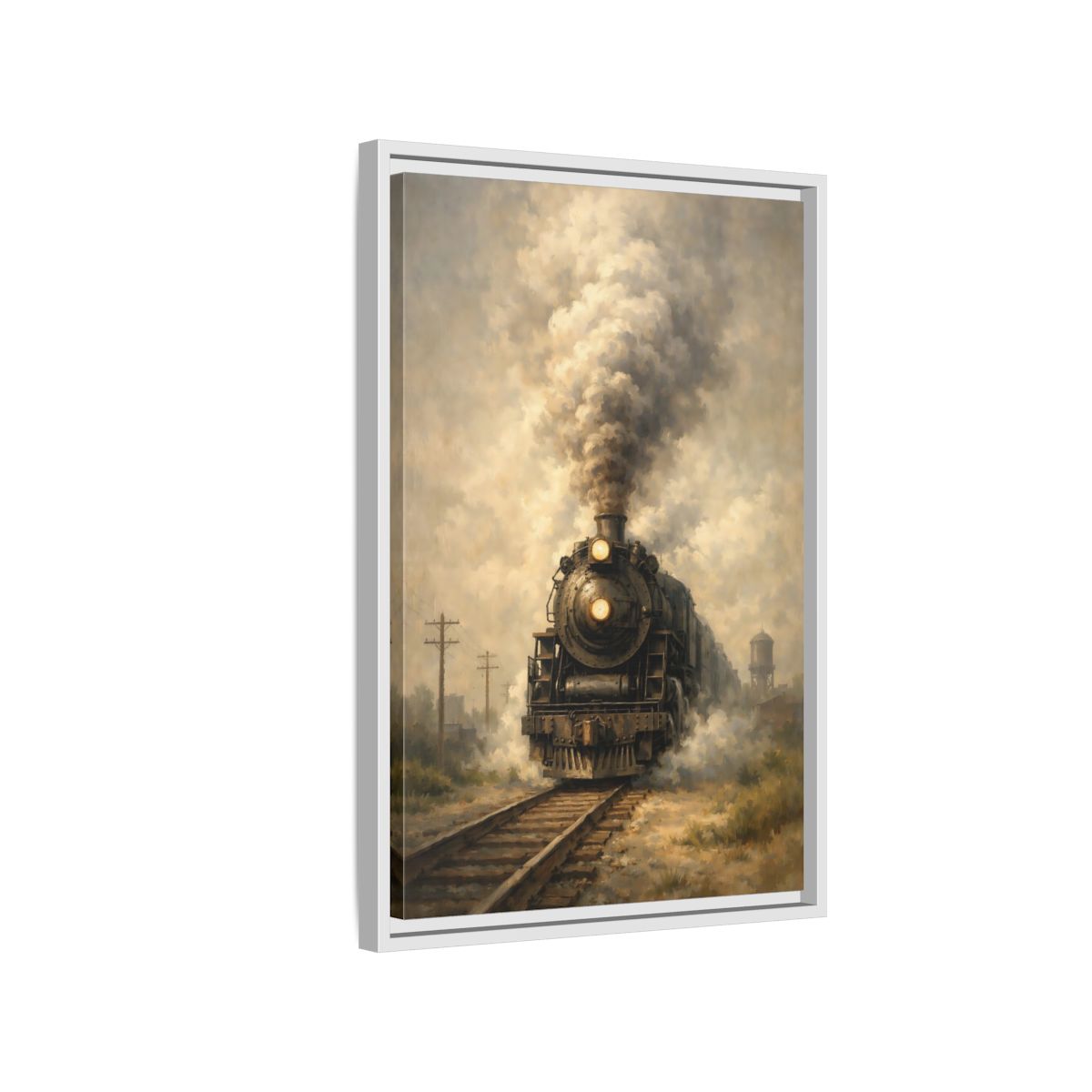 Side Mockup 1. Vintage Steam Train Brown And Grey Train shown as stretched canvas wall art
