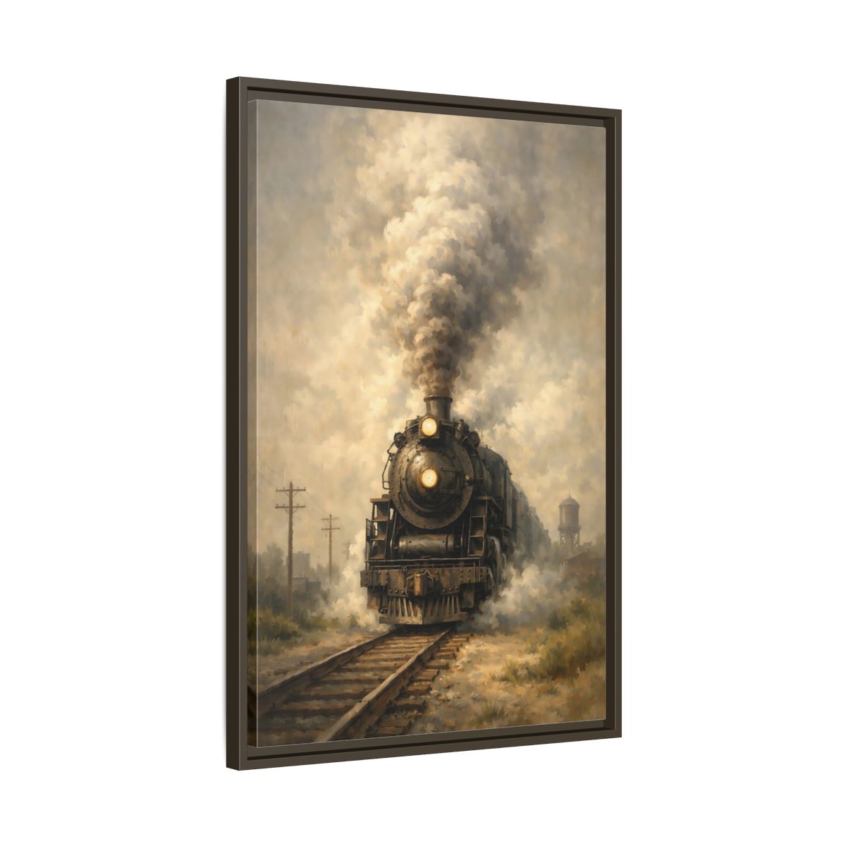 Side Mockup 12. Vintage Steam Train Brown And Grey Train shown as stretched canvas wall art