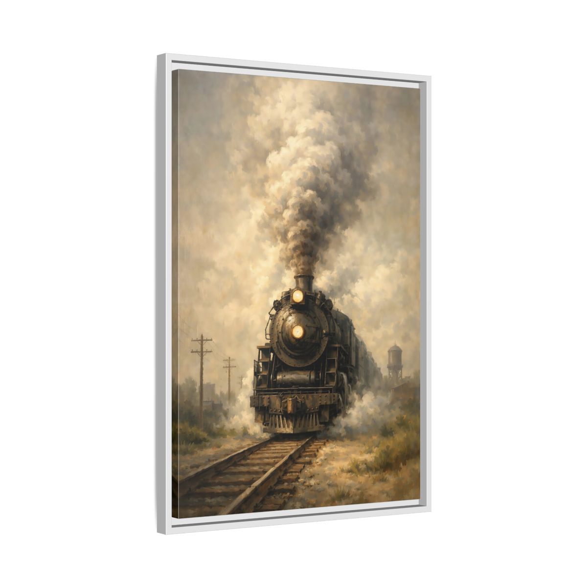 Side Mockup 11. Vintage Steam Train Brown And Grey Train shown as stretched canvas wall art